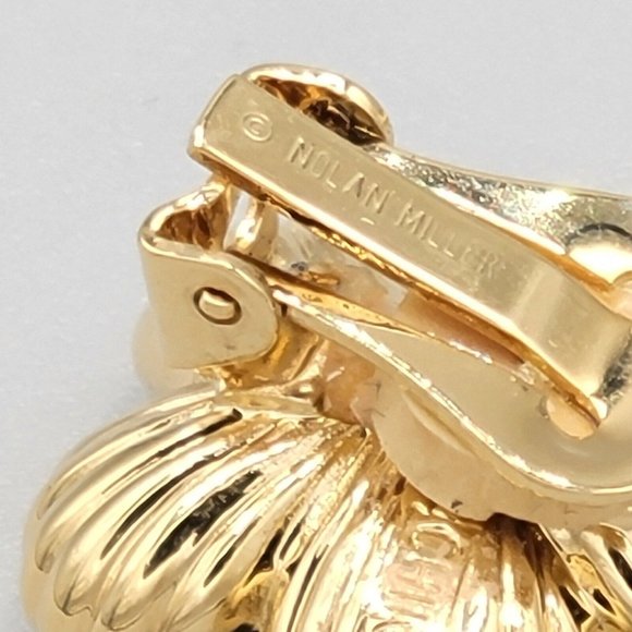 Nolan Miller Signed Gold Tone Metal Flower Cluster Pave Enamel Clip On Earrings - Picture 6 of 6